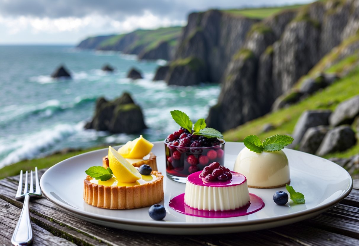 A dessert plate with lemon tart, berry compote, and panna cotta on a wooden table by the rocky west coast of Ireland with waves and cliffs in the background.
