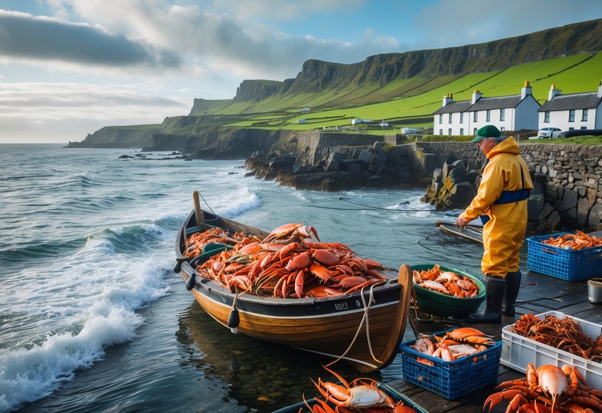 A fishing boat filled with fresh seafood docked on the rocky west coast of Ireland with cliffs, a fisherman, and coastal cottages in the background.