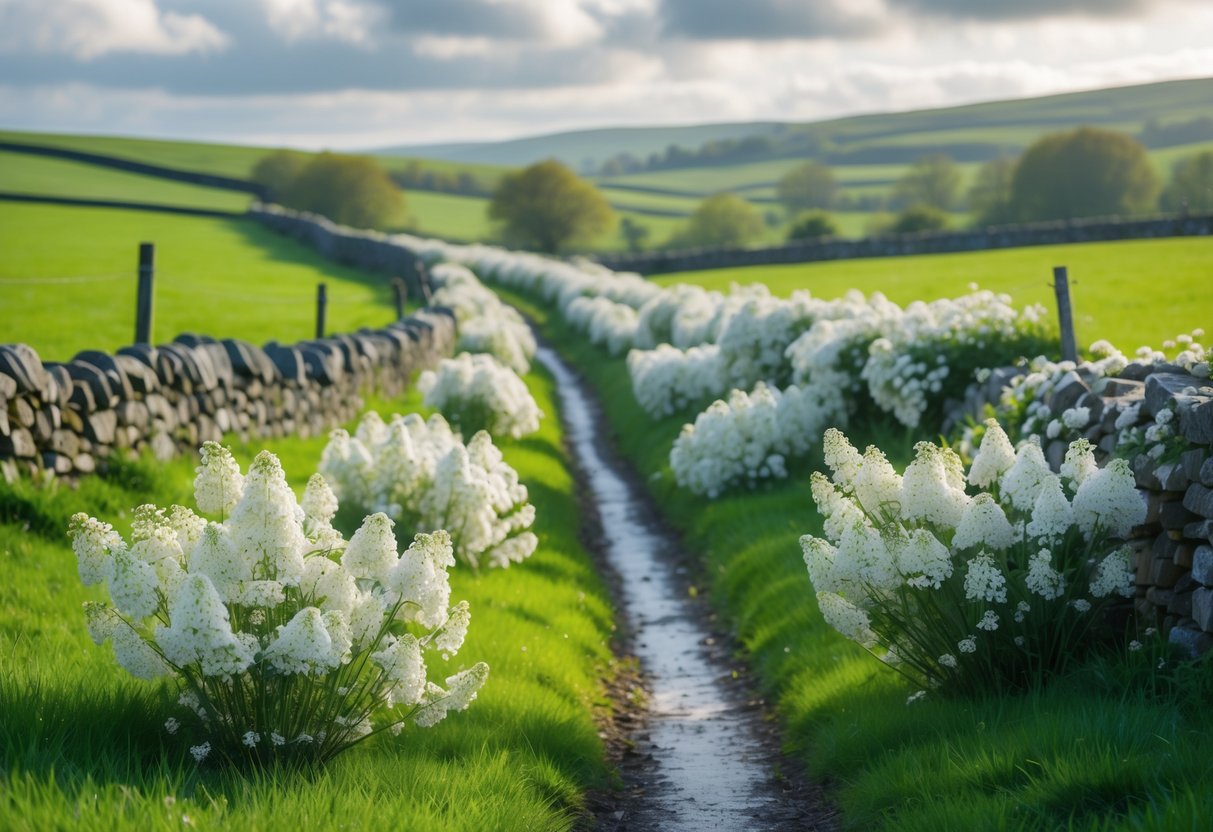 Elderflower bushes with white blossoms in a green Irish countryside with rolling hills and stone walls under a partly cloudy sky.