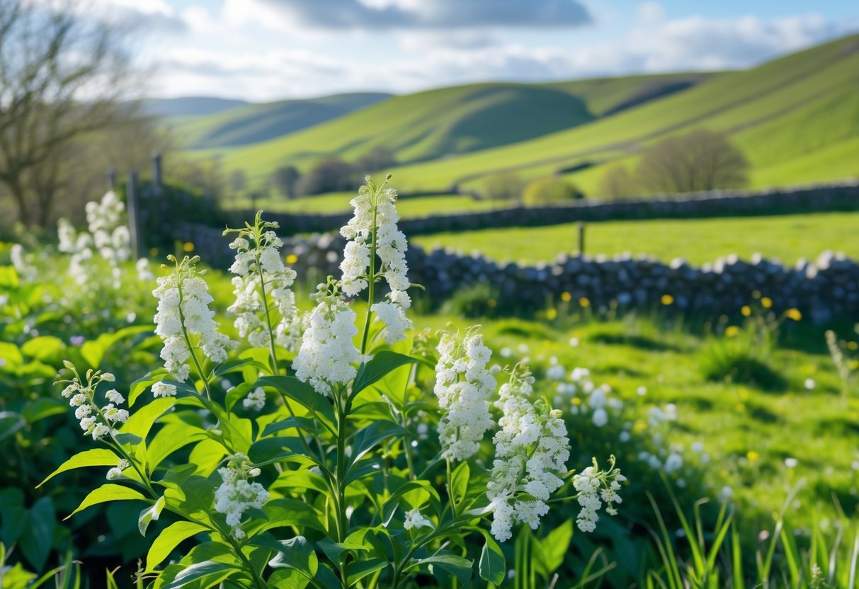 Close-up of blooming elderflower bushes in a green Irish countryside with rolling hills and a partly cloudy sky in the background.