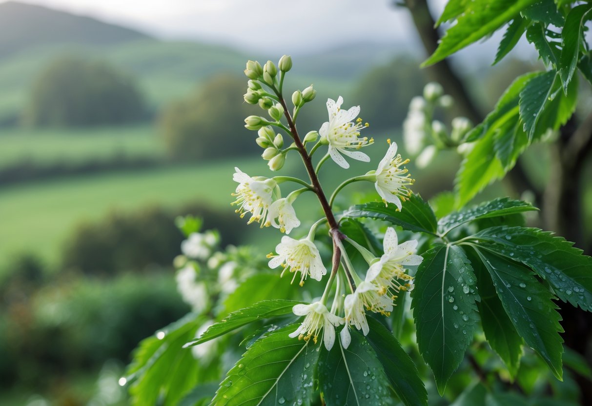 Close-up of elderflower clusters blooming on an elder tree with green leaves, set against a misty Irish countryside background.