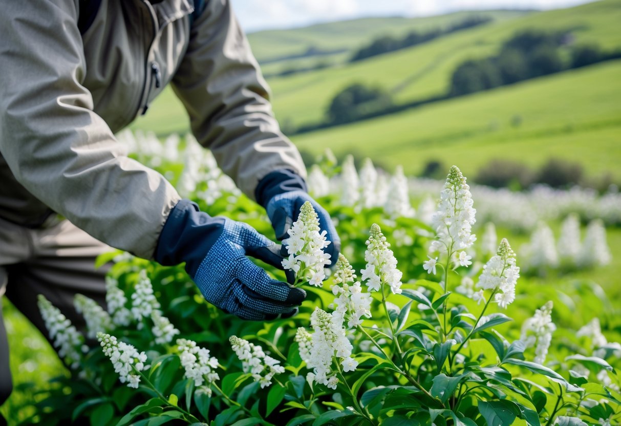 Person carefully picking elderflower blossoms from a bush in a green Irish countryside.