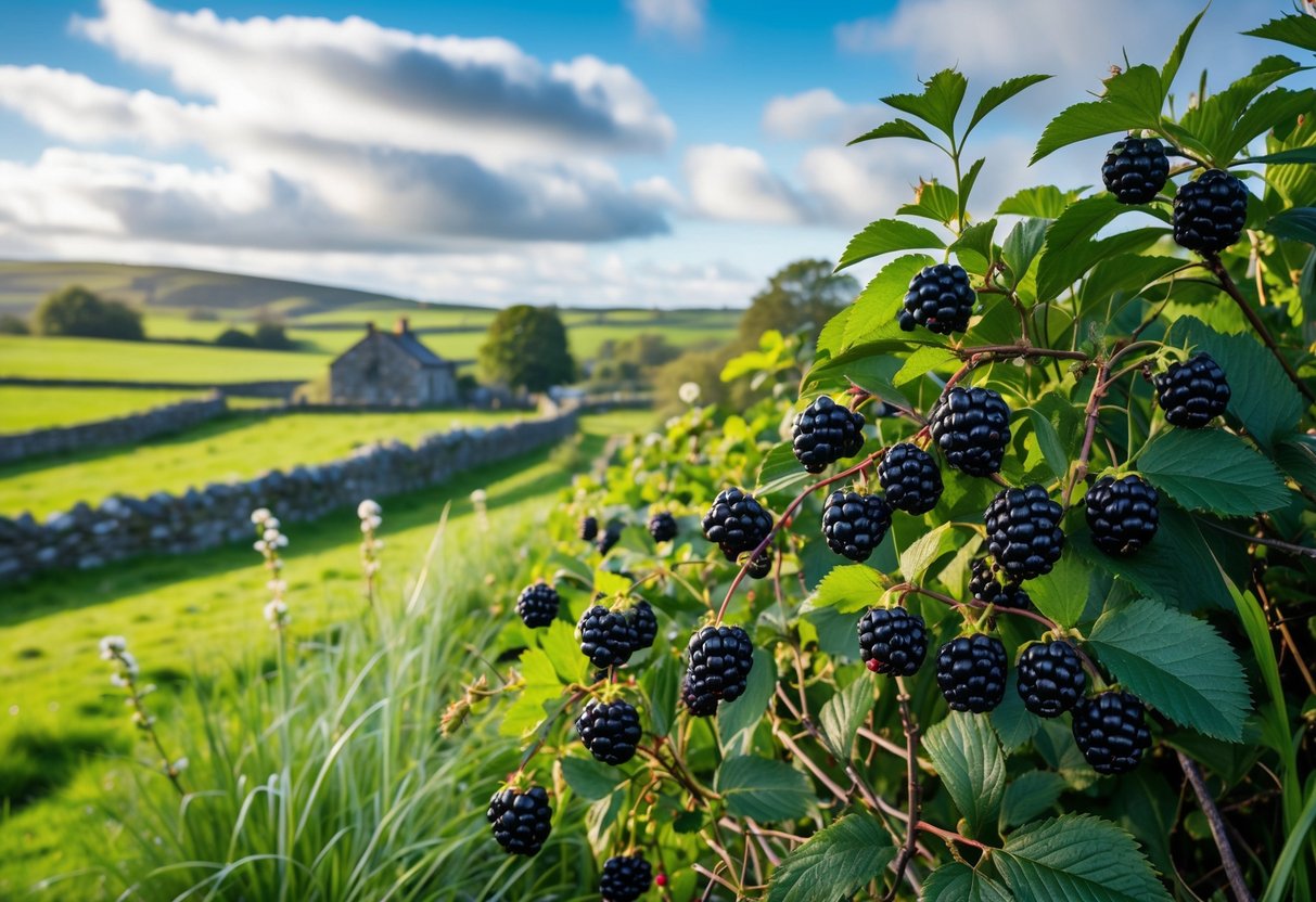 Ripe blackberries growing on bushes in a green Irish countryside with hills and a farmhouse in the background.