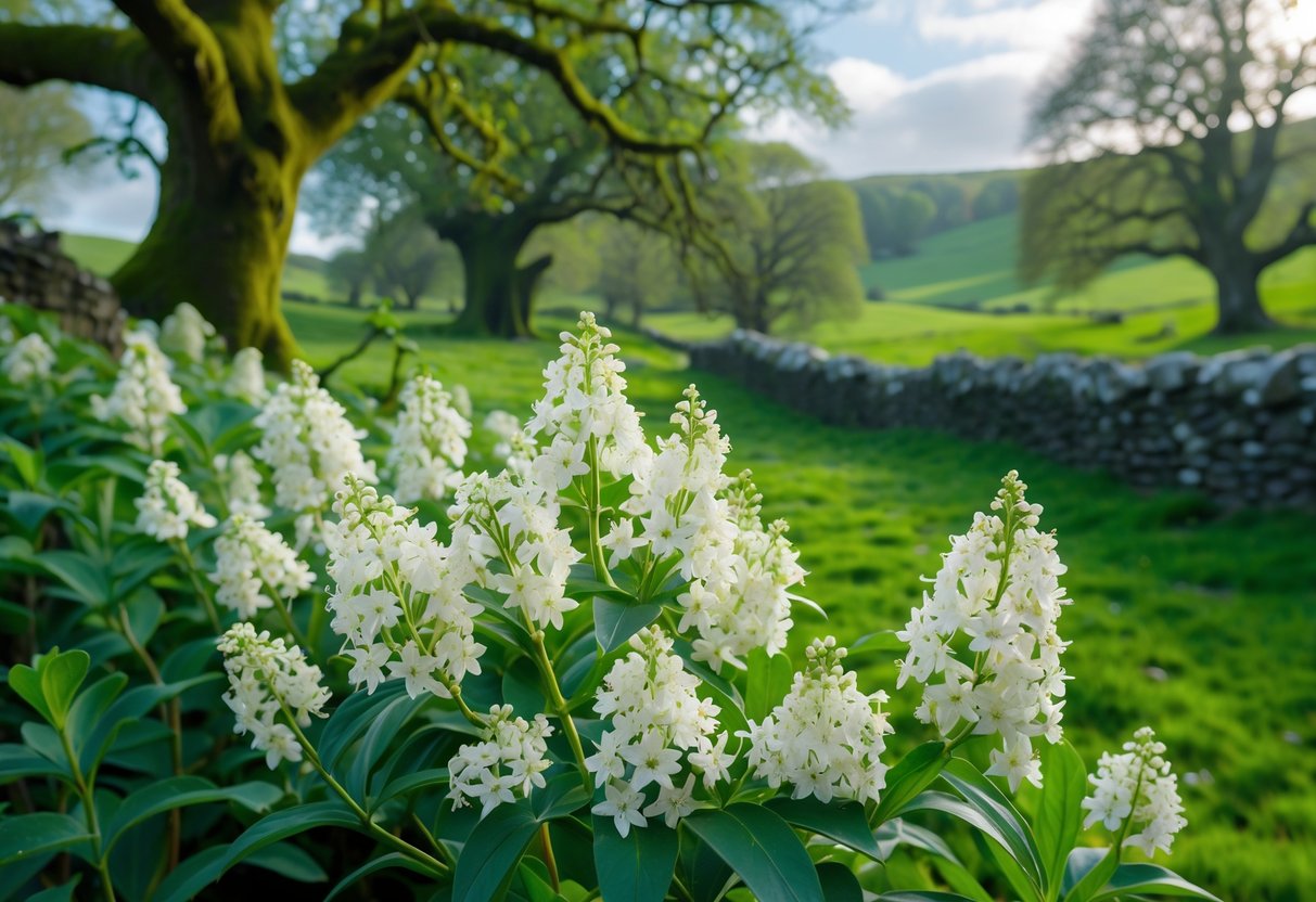 Clusters of white elderflowers blooming on green shrubs in a misty Irish countryside with trees and rolling hills in the background.
