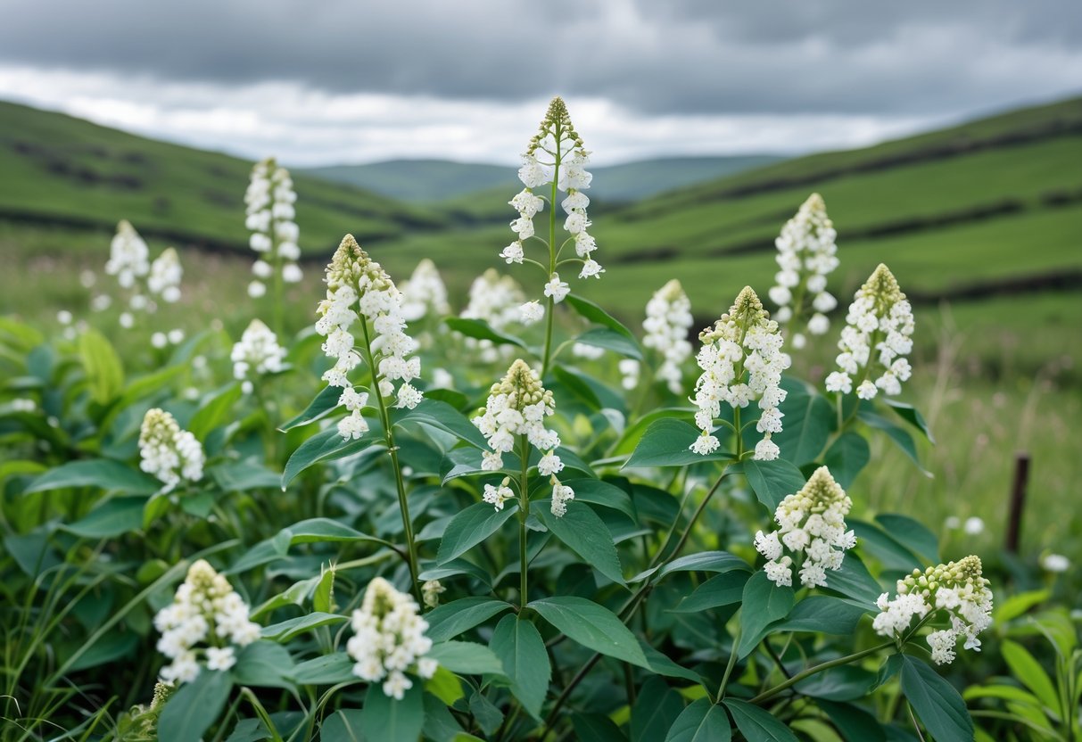 Clusters of white elderflower blossoms on green shrubs in a green Irish countryside with rolling hills and cloudy sky.