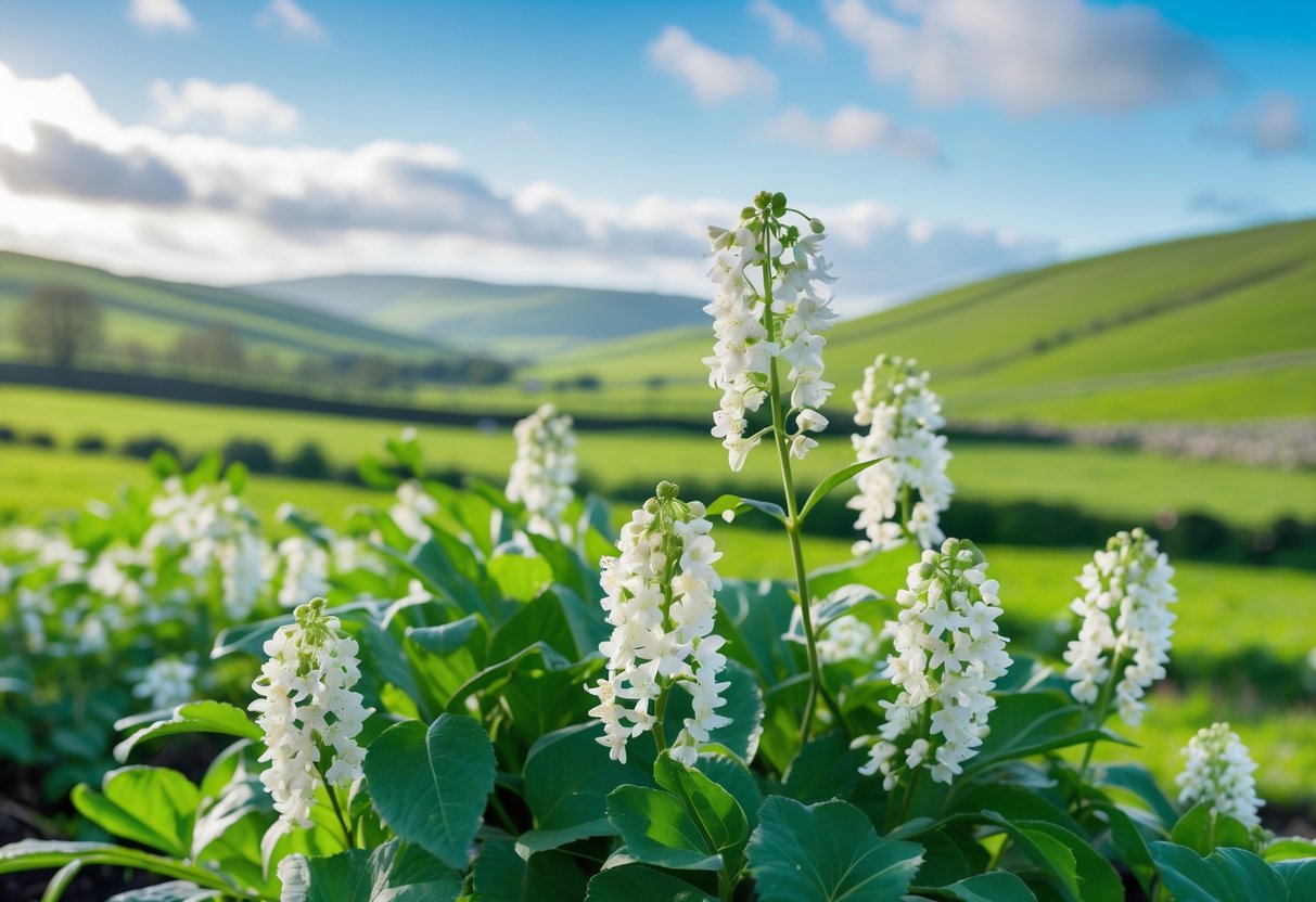 Blooming elderflower bushes in a green Irish countryside with rolling hills and a blue sky.