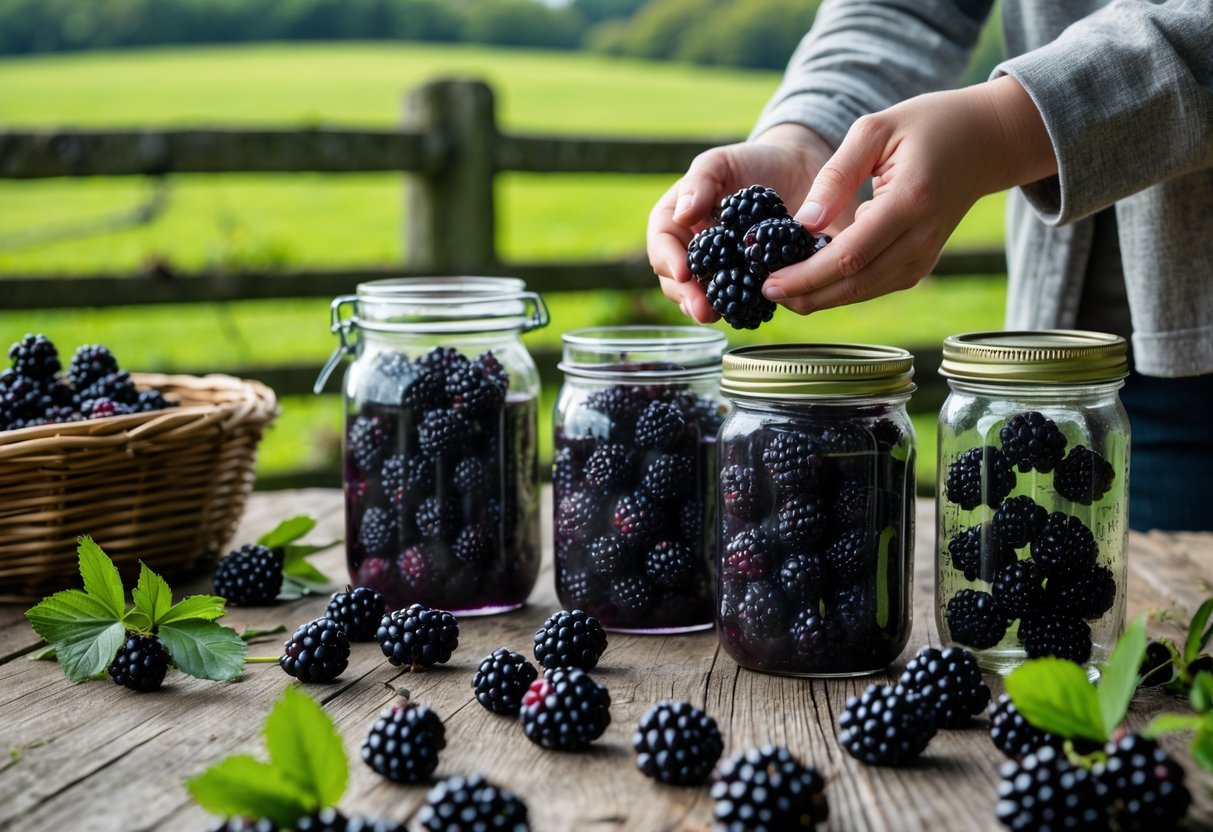 A person placing freshly picked blackberries into glass jars on a wooden table outdoors with green countryside in the background.