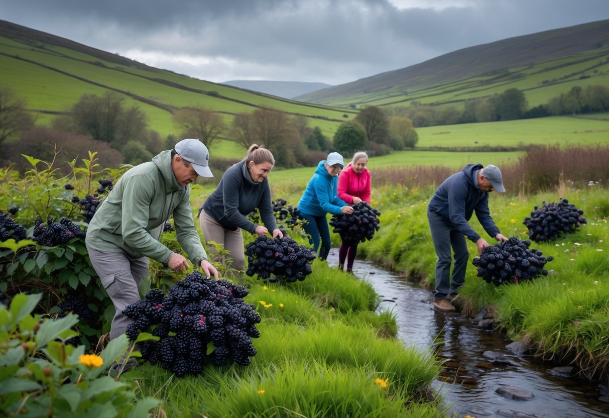 People picking ripe blackberries from bushes in a green Irish countryside with hills and a small stream nearby.