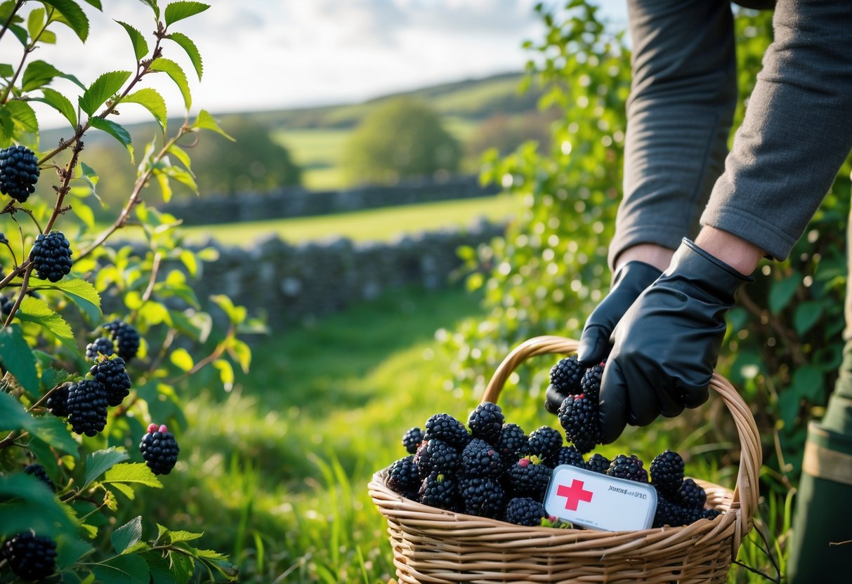 Hands wearing gloves picking blackberries from thorny bushes in a green Irish countryside with a basket and first aid kit nearby.