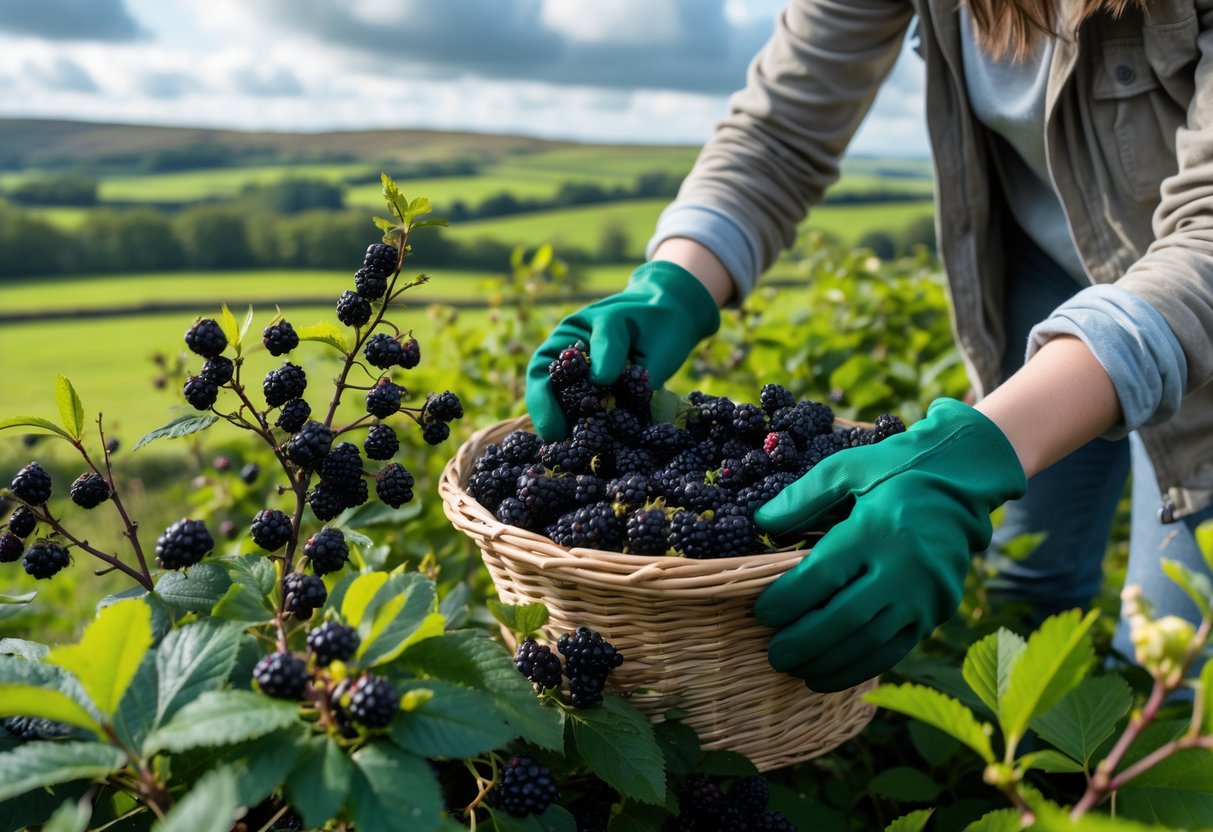 A person picking ripe blackberries from bushes in a green Irish countryside setting.