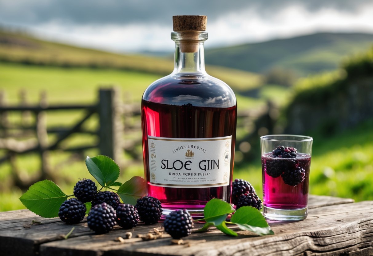 A bottle of dark red sloe gin with fresh sloe berries on a wooden table outdoors with green hills in the background.