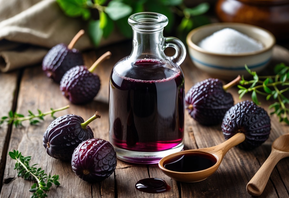 A glass bottle of deep red sloe syrup on a wooden table surrounded by fresh purple sloes and a bowl of syrup with a wooden spoon.