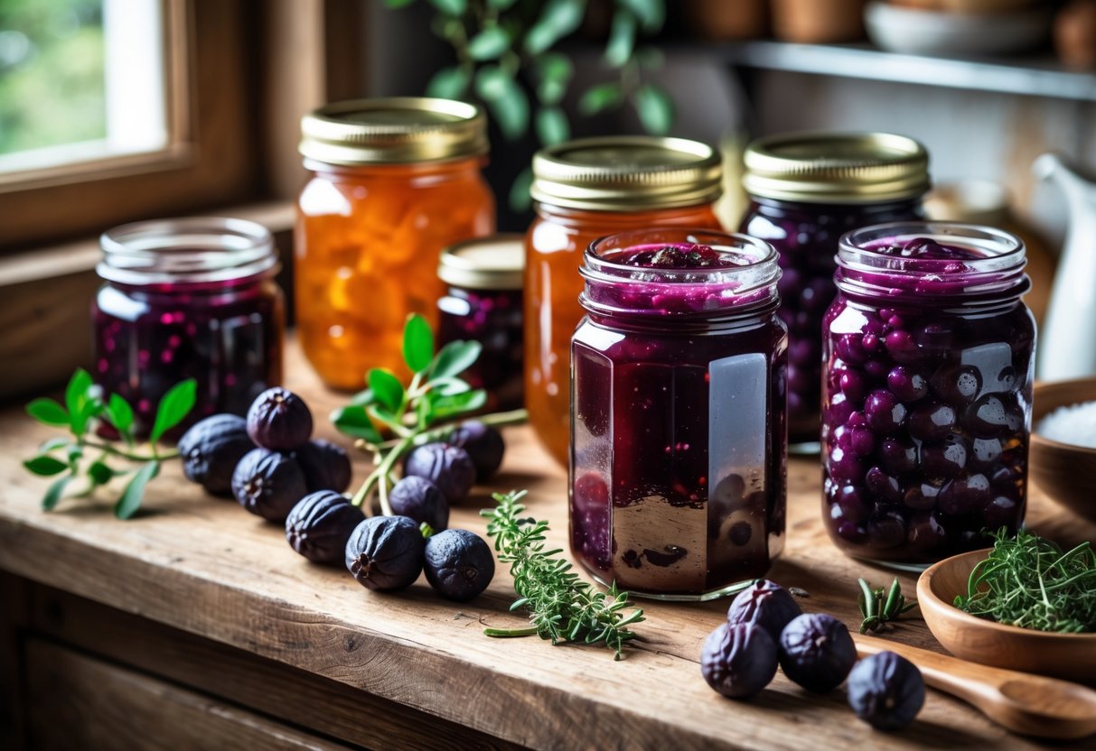Jars of homemade sloe jams, jellies, and chutneys on a wooden countertop surrounded by fresh sloes and kitchen utensils.