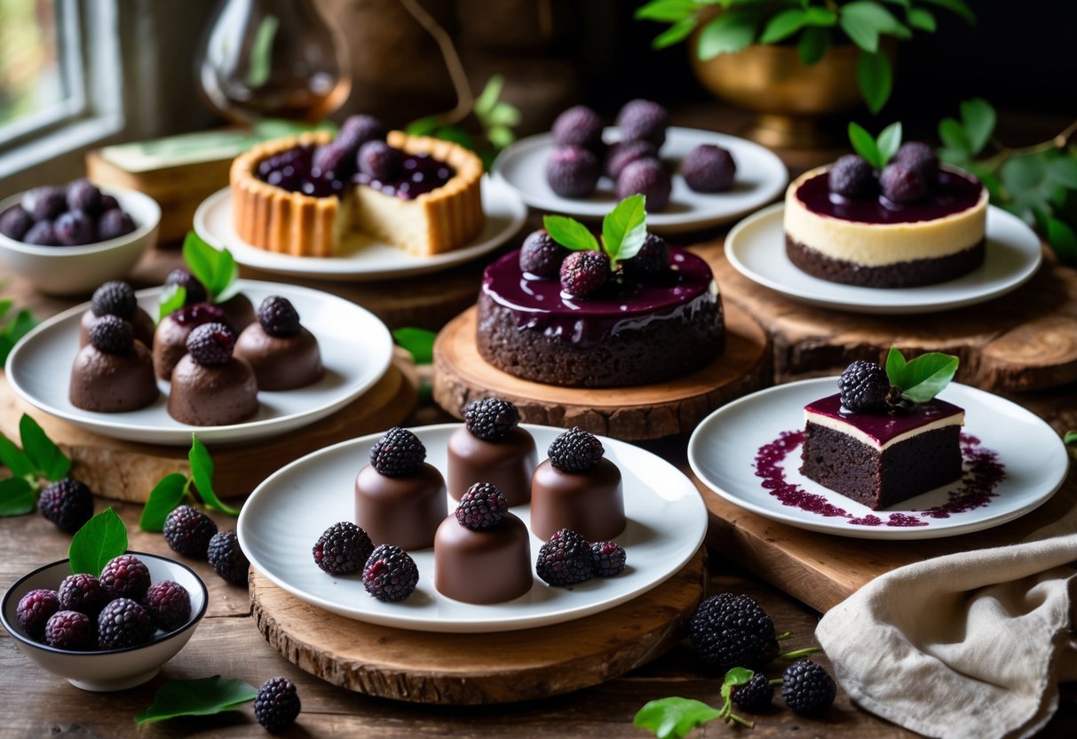 A variety of sloe berry desserts including cakes, chocolates, and pastries arranged on plates with fresh sloe berries and leaves.