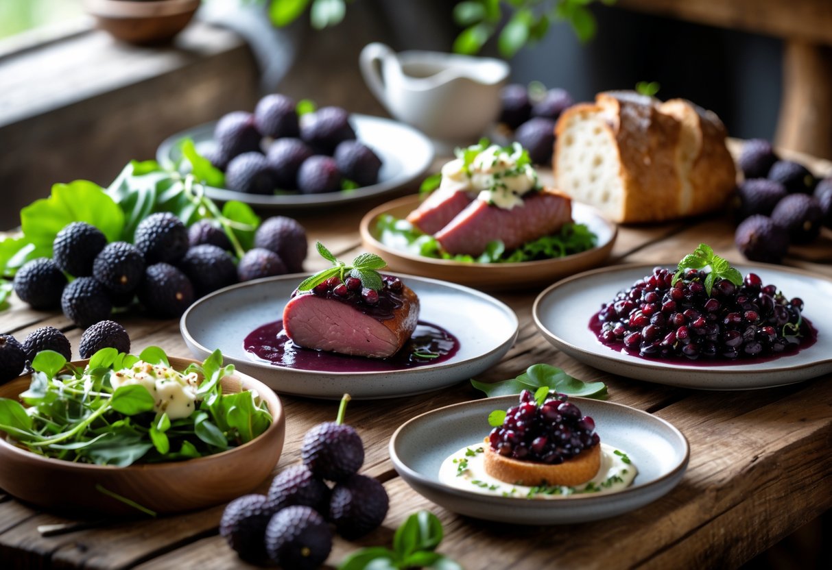 A rustic wooden table displaying various savory dishes made with sloe berries, including roasted meat with sloe sauce, green salad with sloe vinaigrette, and bread with sloe chutney, surrounded by fresh sloe berries and leaves.