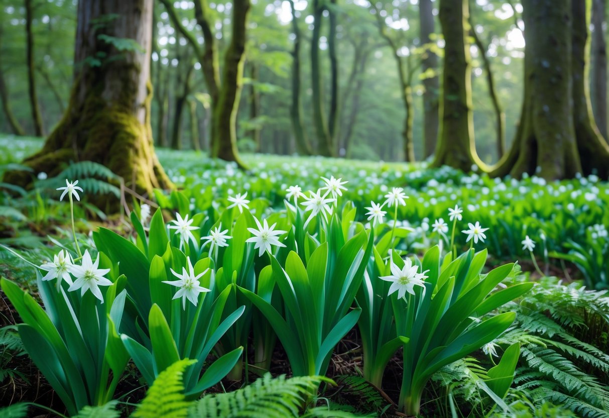 A dense carpet of wild garlic plants with green leaves and white flowers growing on the forest floor in an Irish woodland.