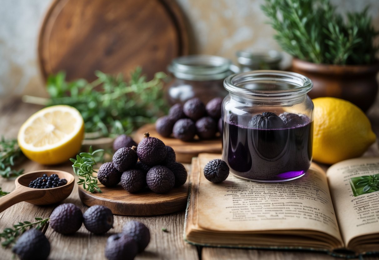 A wooden table with fresh dark purple sloes, a small jar of sloe syrup, fresh herbs, lemon halves, and a bowl of sugar arranged together in a cozy kitchen setting.