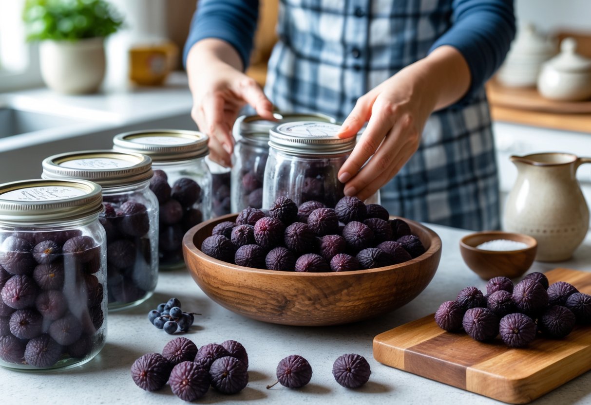 Fresh sloes in a wooden bowl, jars of frozen sloes, and hands preparing sloes on a kitchen countertop.
