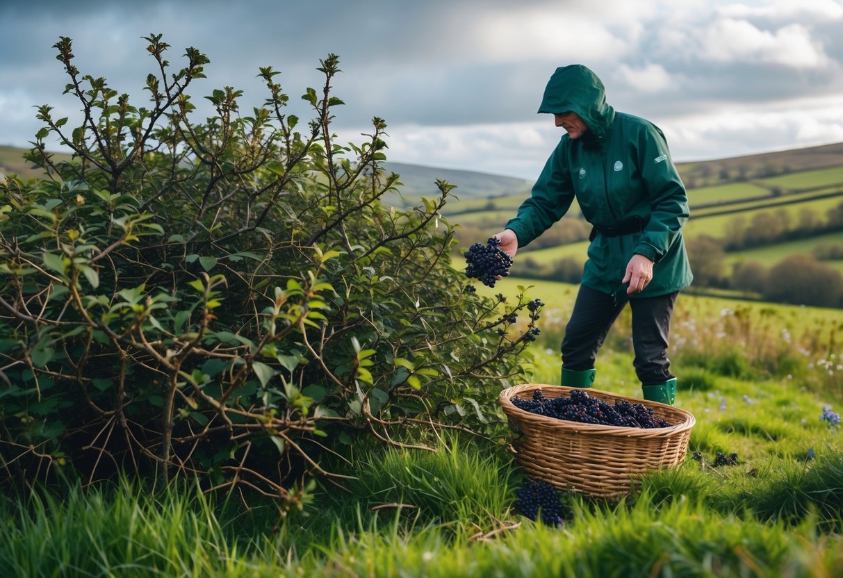 Person picking ripe sloe berries from a blackthorn bush in an Irish countryside with rolling hills and a wicker basket filled with berries nearby.