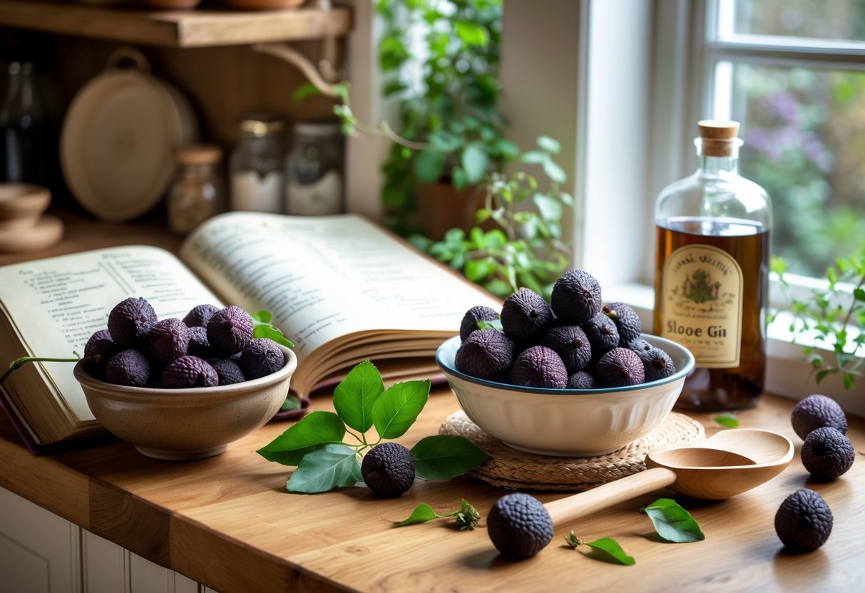 A kitchen countertop with fresh sloes, recipe ingredients, an open cookbook, and a jar of homemade sloe gin.