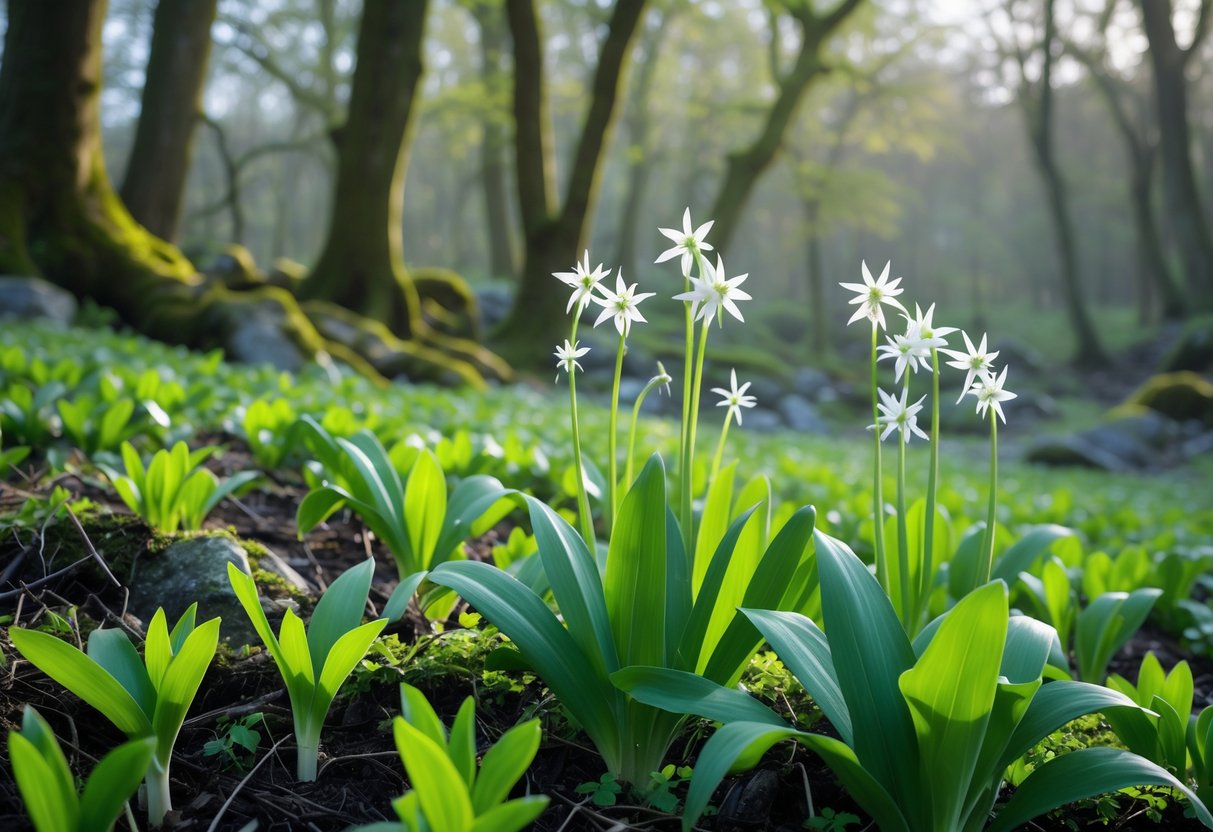 A forest floor in Ireland covered with green wild garlic plants at different growth stages, including young shoots, mature leaves, and white flowers, under soft daylight.