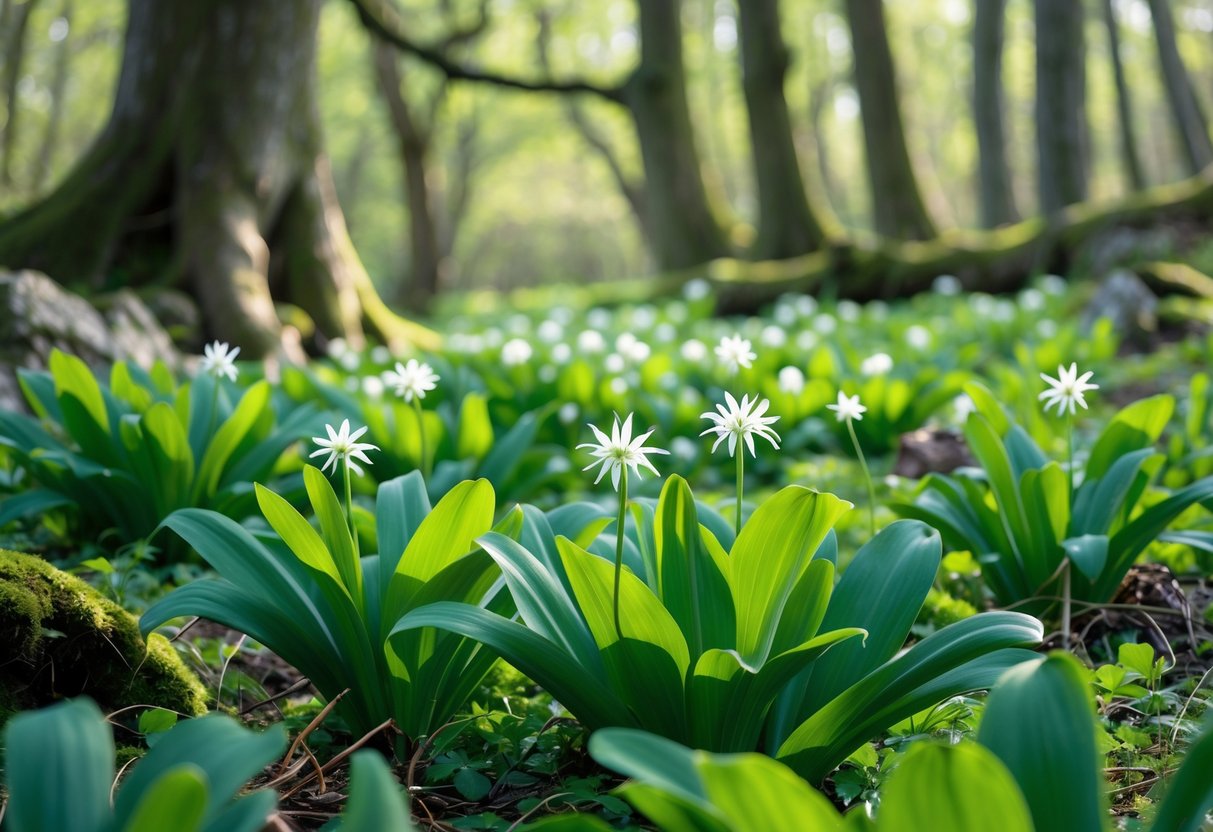 A close-up of wild garlic plants with green leaves and white flowers growing on a forest floor in Ireland.