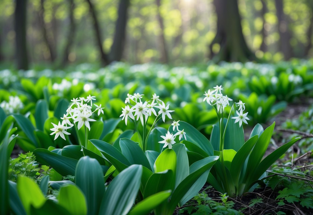 Dense green wild garlic plants with white flowers growing on the forest floor in an Irish woodland.