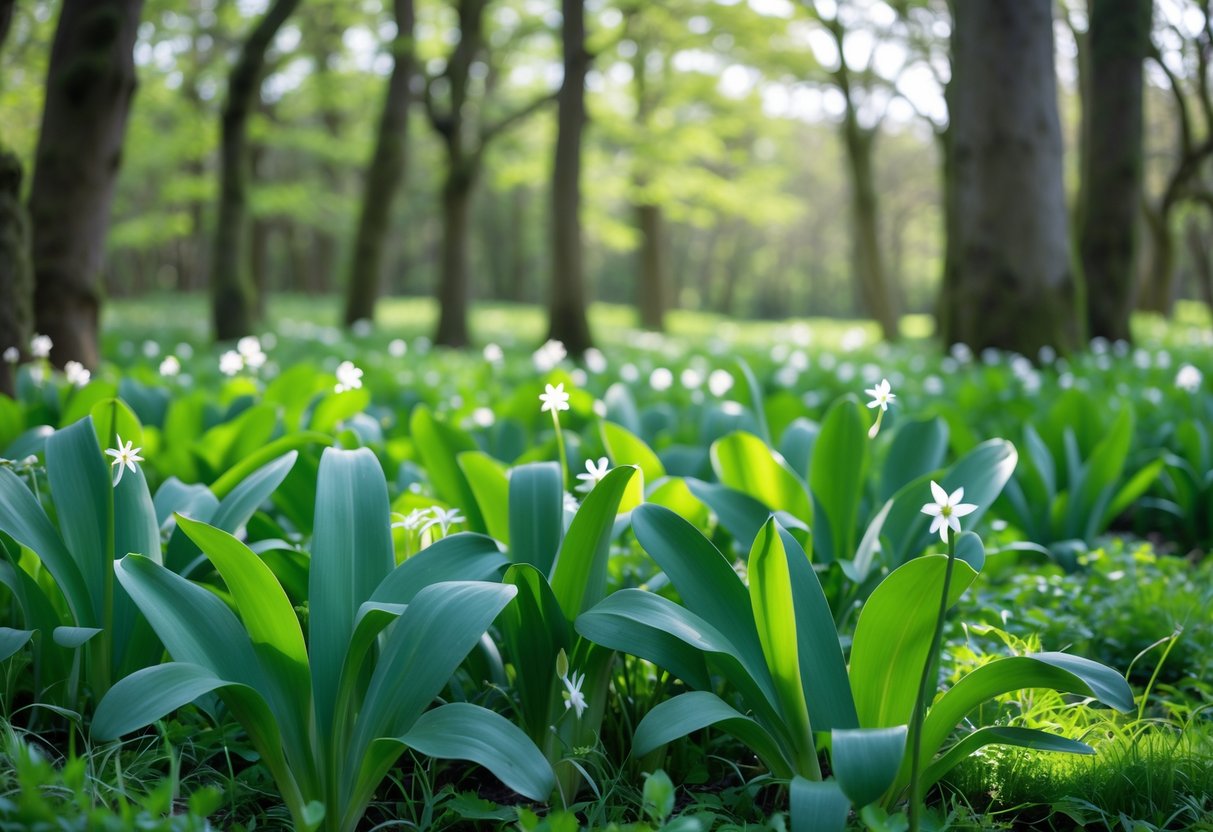 A dense patch of wild garlic plants with green leaves and white flowers growing on a forest floor in an Irish woodland.