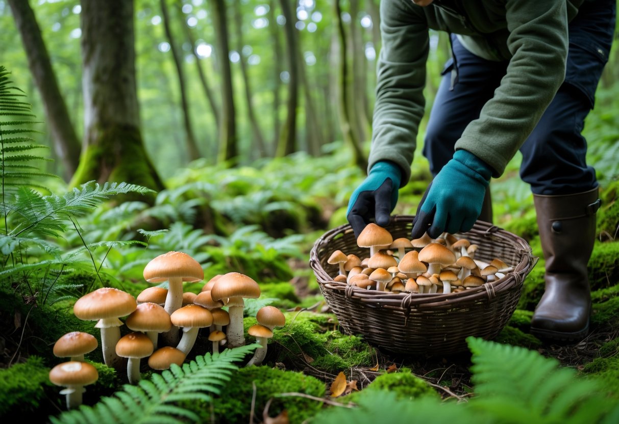 Person carefully harvesting wild mushrooms in a green Irish forest with a basket and surrounding plants.