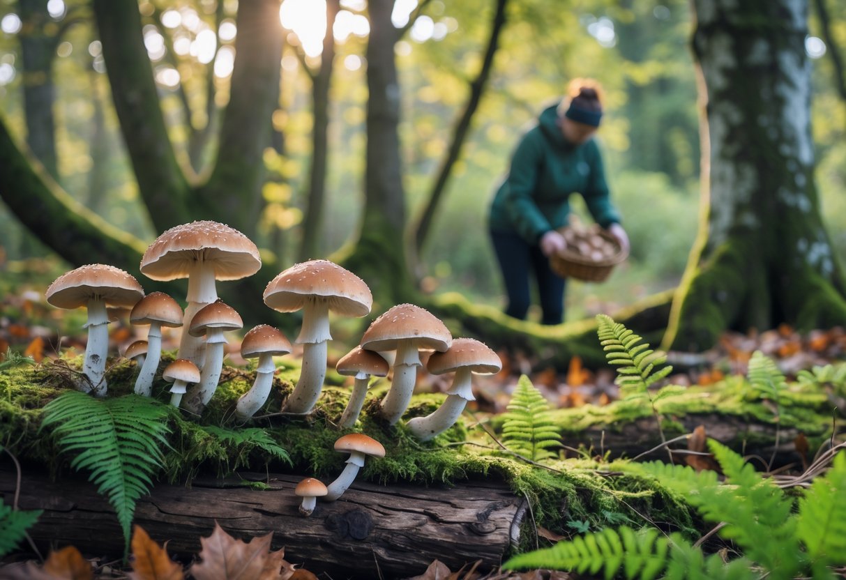 A person foraging for native mushrooms in an Irish forest with various medicinal mushrooms growing on mossy ground and logs under sunlight.