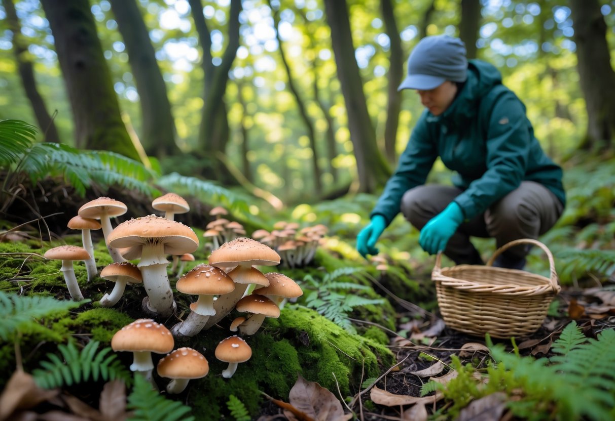 A person foraging wild mushrooms in a lush Irish forest with moss, ferns, and sunlight filtering through trees.