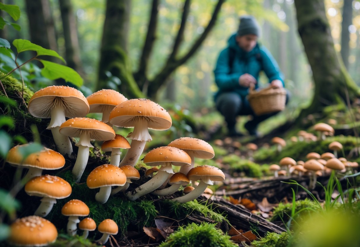 A person foraging for wild mushrooms in a lush Irish forest with various mushrooms growing on moss and wood.