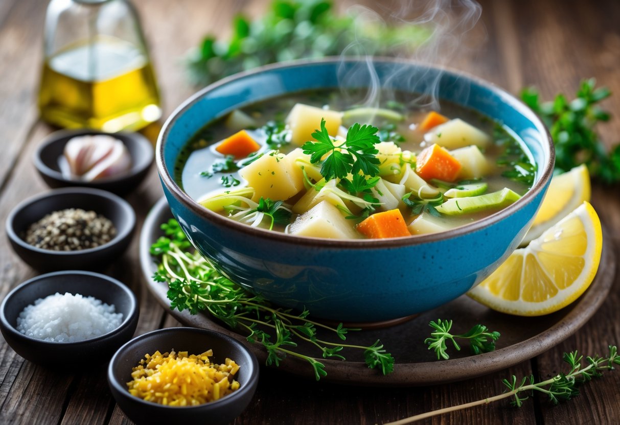 A bowl of Irish vegetable soup on a wooden table surrounded by small dishes of salt, pepper, garlic, olive oil, and fresh herbs.