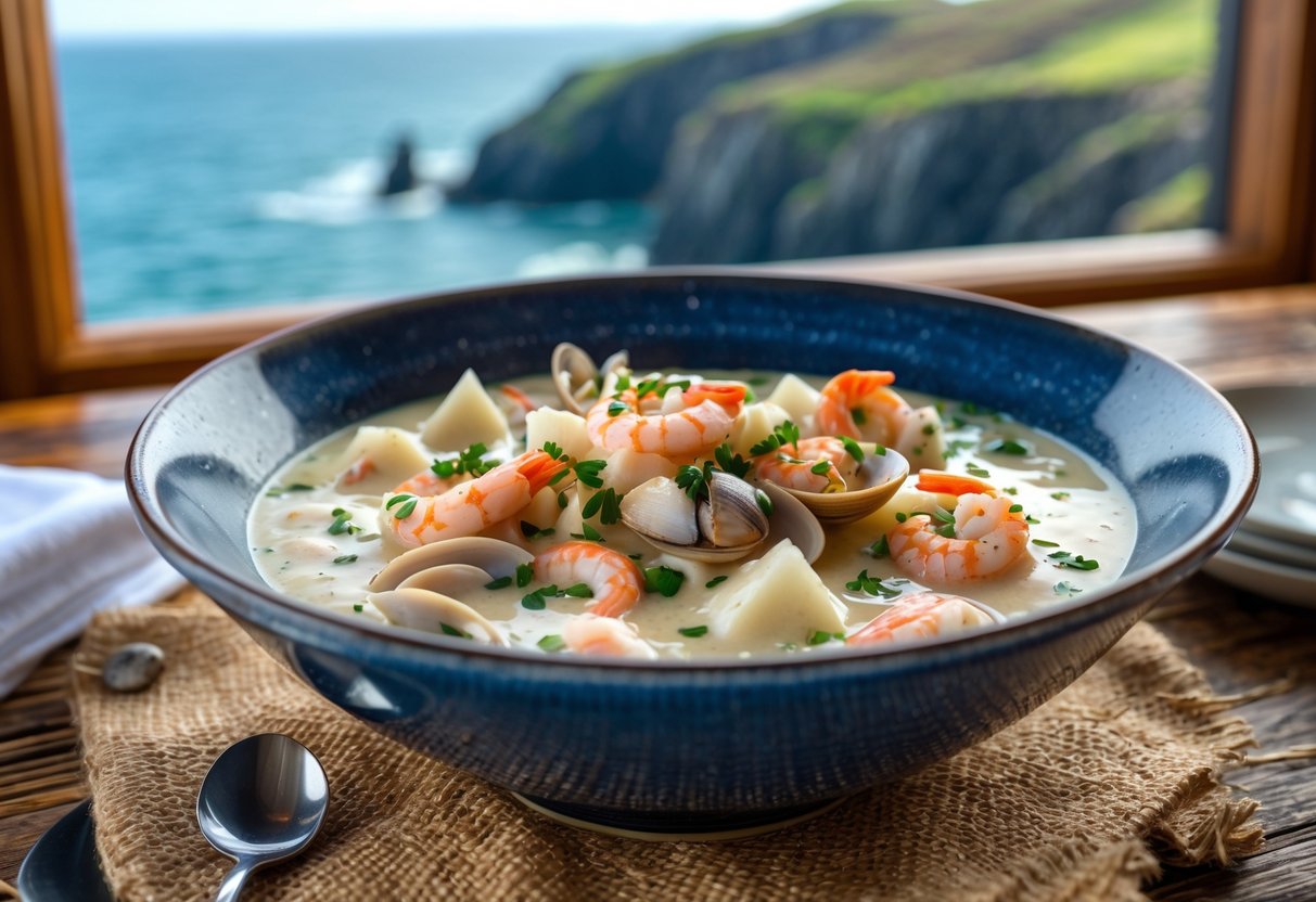 A bowl of creamy seafood chowder with fresh seafood on a wooden table, with a coastal landscape visible in the background.