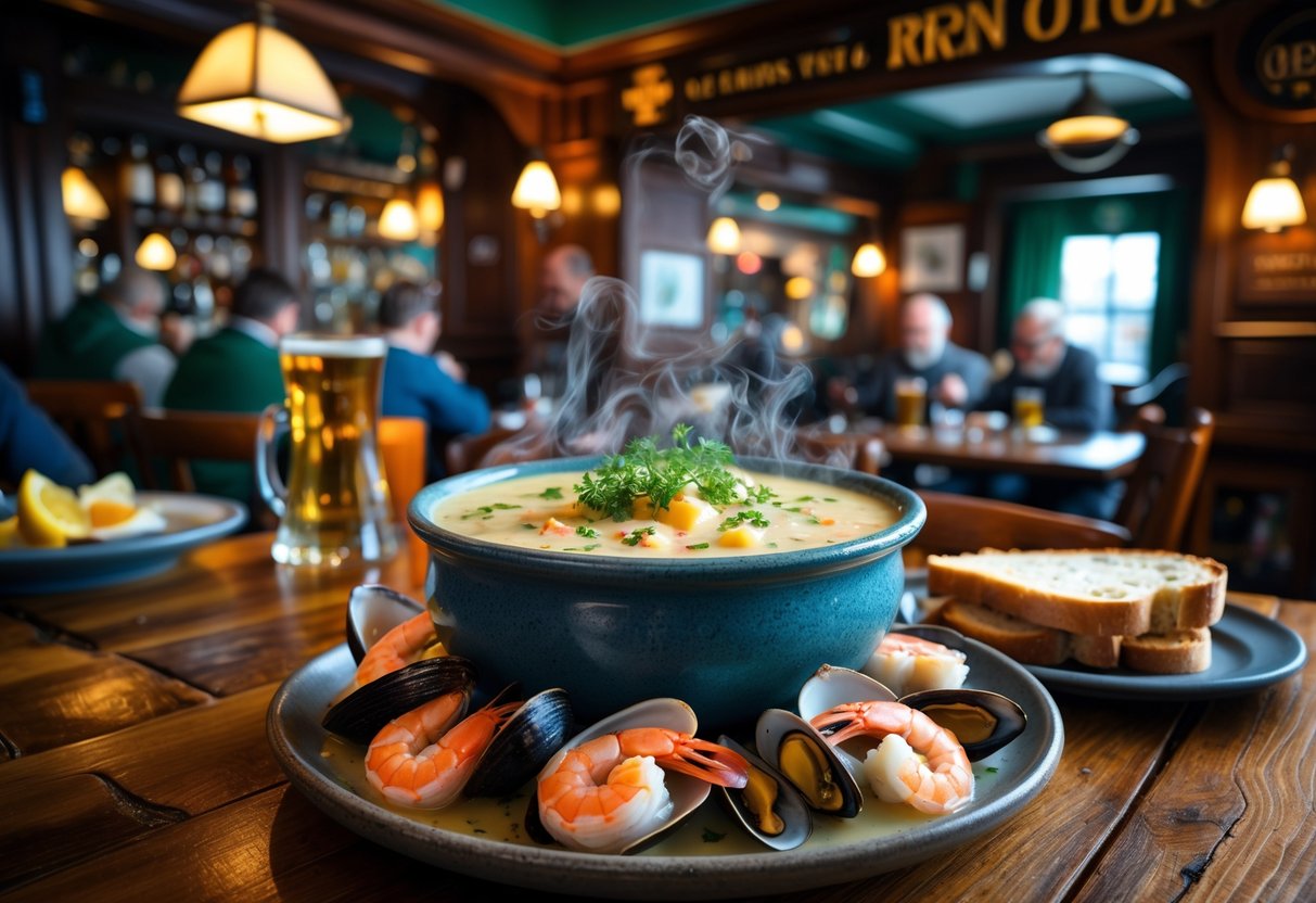 A bowl of seafood chowder on a wooden table inside a cozy Irish pub with fresh seafood ingredients and rustic decor.