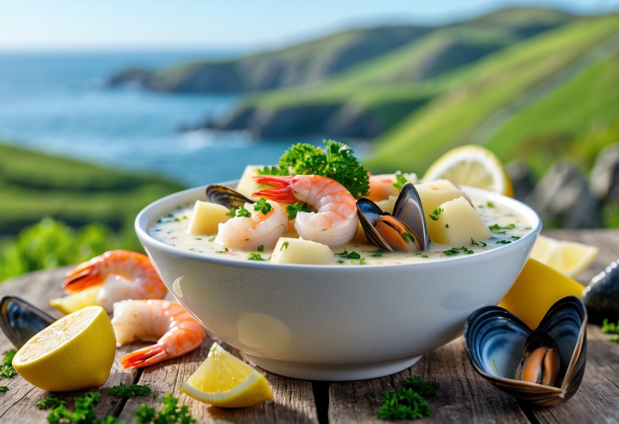 A bowl of creamy seafood chowder with shrimp, mussels, and fish on a wooden table, with the coastal landscape of the Ring of Kerry in the background.