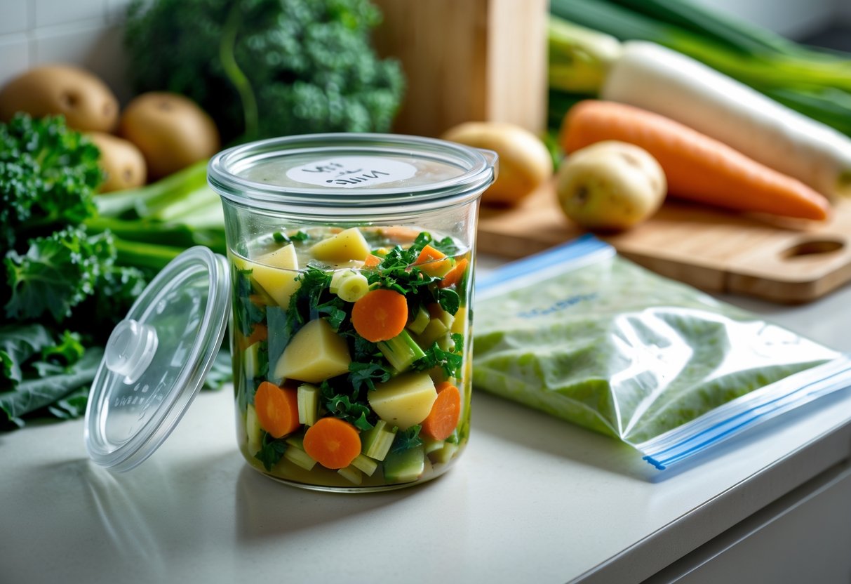 A kitchen countertop with a glass container and a freezer bag filled with Irish vegetable soup, surrounded by fresh vegetables like potatoes, carrots, kale, and leeks.