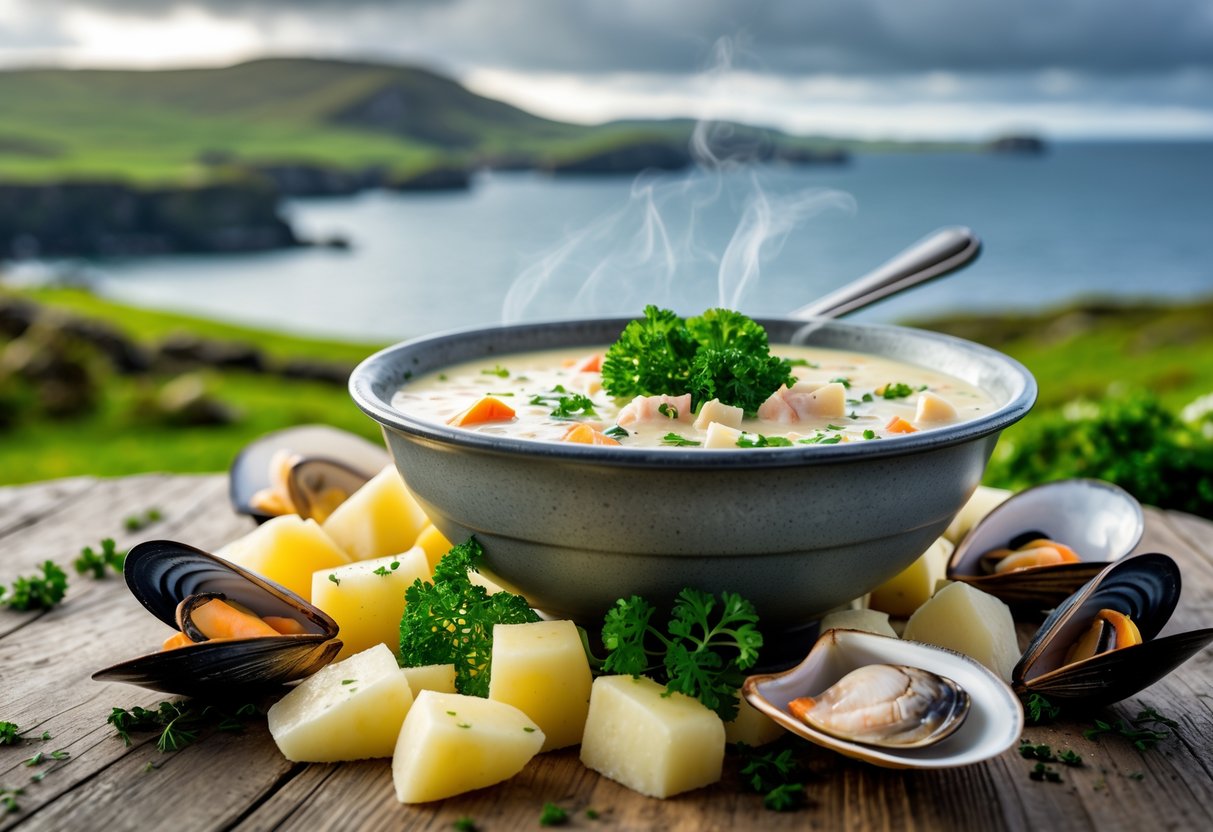 A bowl of creamy seafood chowder on a wooden table with fresh seafood and herbs, set against a blurred background of the Irish coastline.