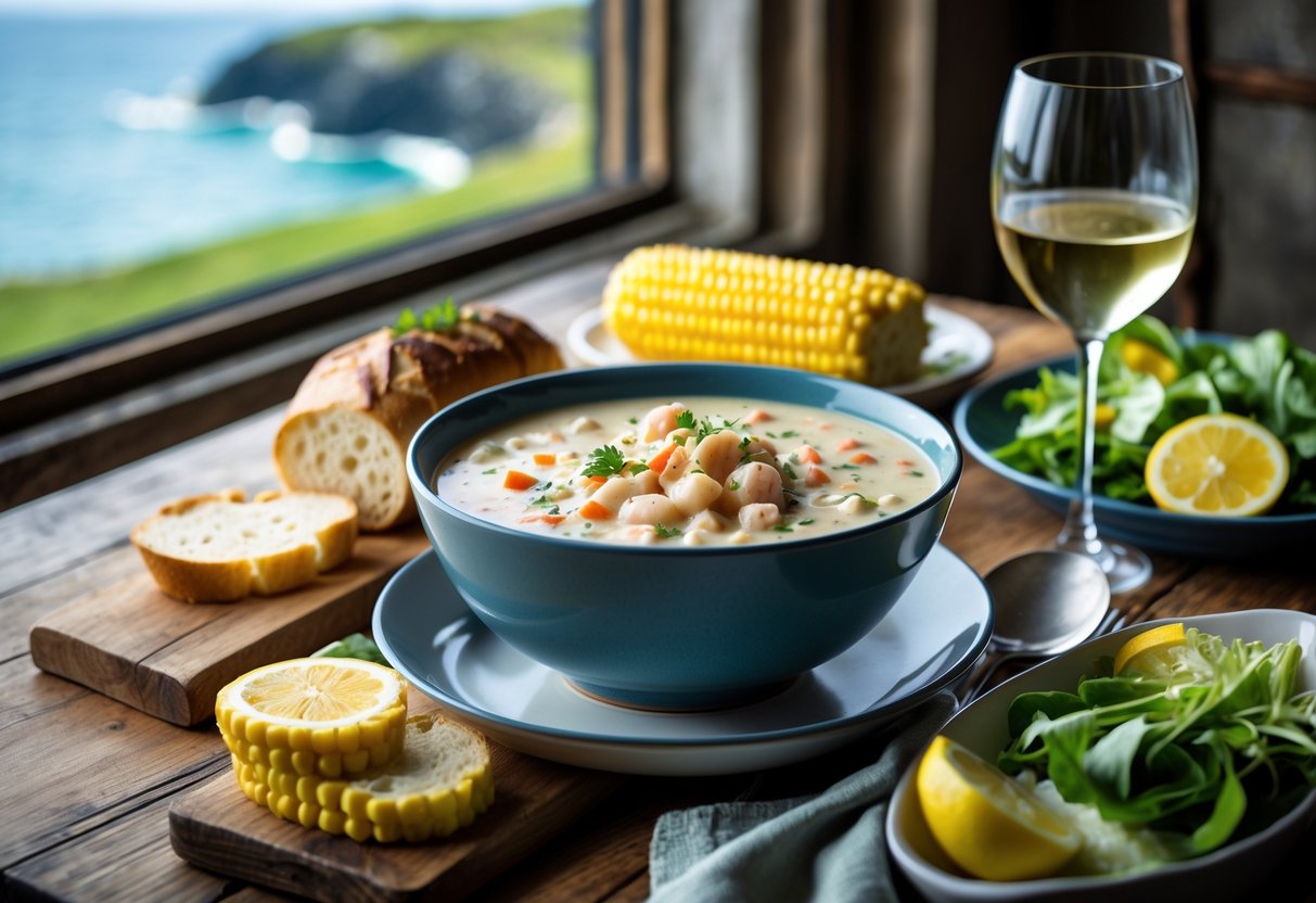 A bowl of creamy seafood chowder on a wooden table surrounded by bread, corn on the cob, green salad, and a glass of white wine, with a coastal view in the background.