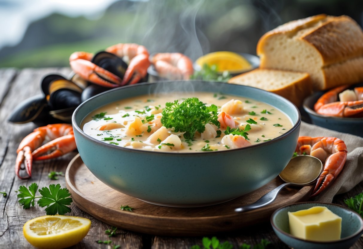 A bowl of creamy seafood chowder with fresh herbs on a wooden table, surrounded by seafood and bread, with a soft coastal background.
