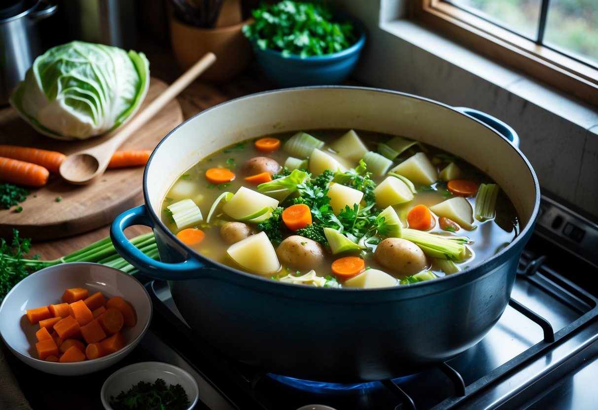 A kitchen scene showing a pot of Irish vegetable soup cooking on the stove with fresh vegetables and cooking utensils nearby.