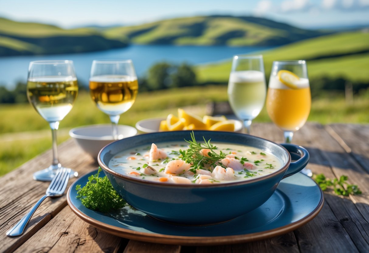 A bowl of seafood chowder on a wooden table with glasses of white wine, beer, and sparkling water, set against a green hilly landscape.