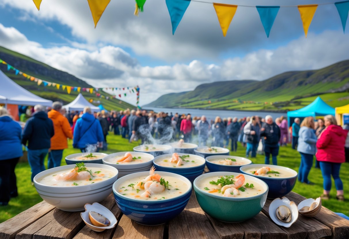 People enjoying bowls of seafood chowder outdoors with green hills and coastline in the background at a festival.