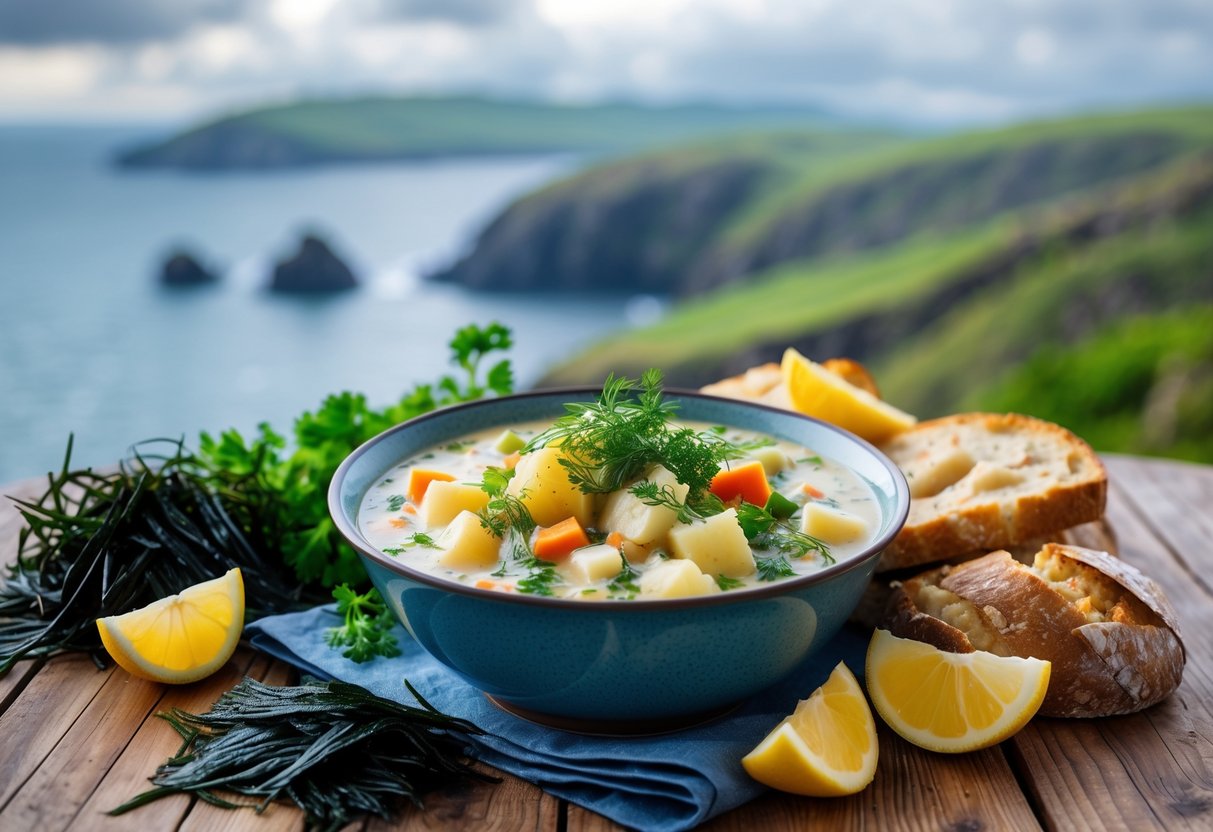 A bowl of vegan seafood chowder with vegetables and herbs on a wooden table, with fresh ingredients and a blurred coastal landscape in the background.
