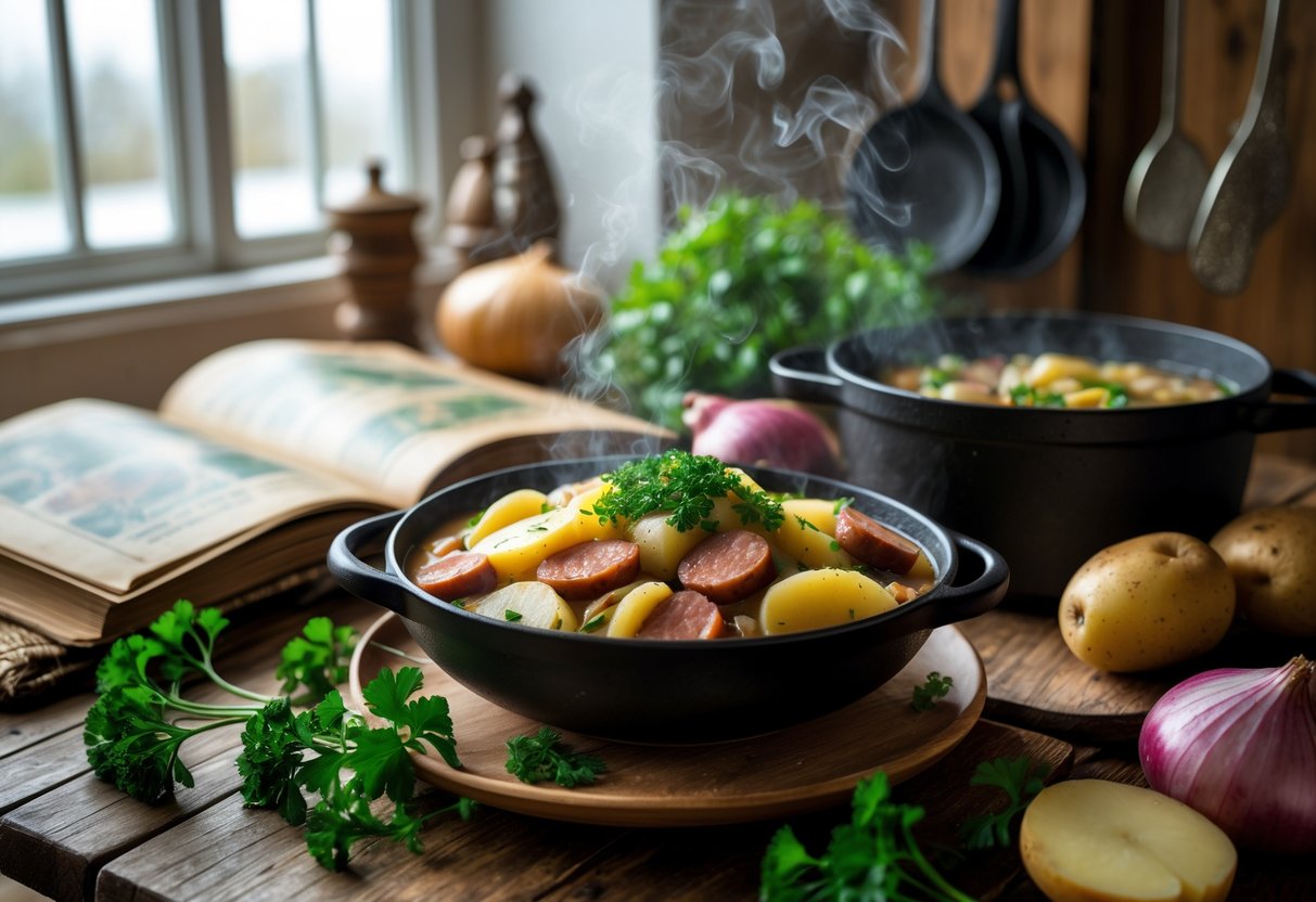 A bowl of Dublin Coddle with sausages, potatoes, and onions on a wooden table surrounded by fresh ingredients and cooking utensils in a kitchen.