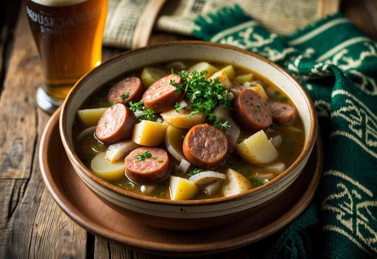 A bowl of Dublin coddle with sausages, potatoes, and onions on a wooden table, accompanied by a pint of stout and a woolen scarf.
