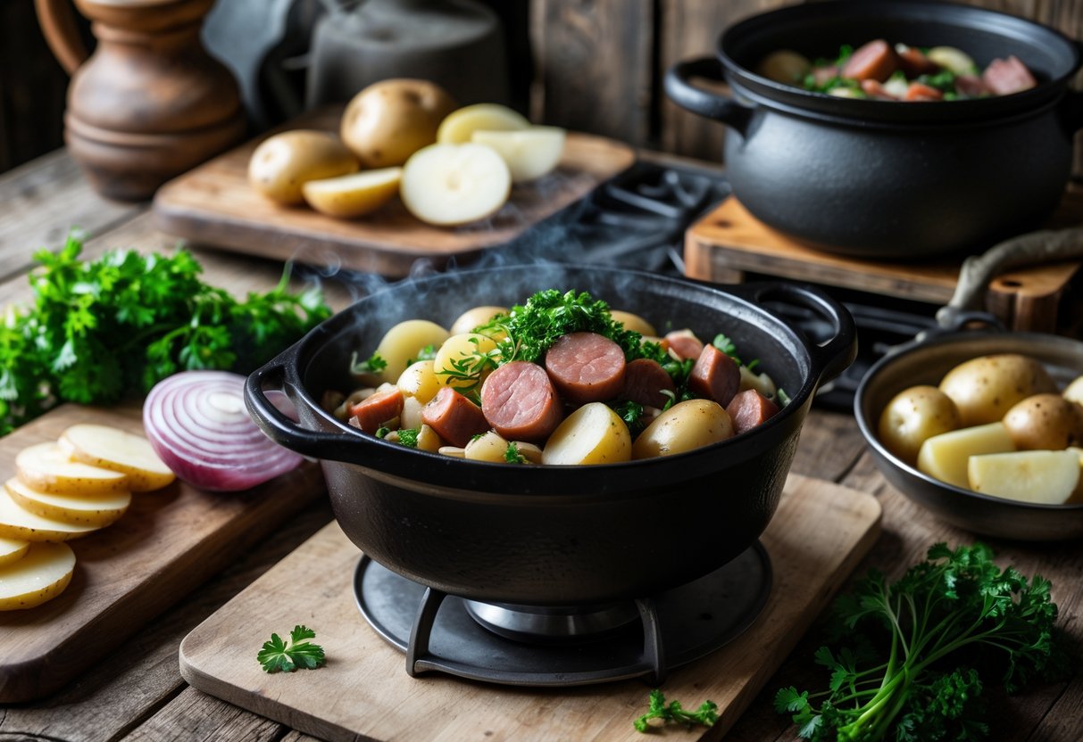A rustic kitchen scene showing a cast iron pot with Dublin Coddle stew cooking on an old stove, surrounded by fresh ingredients and vintage utensils.