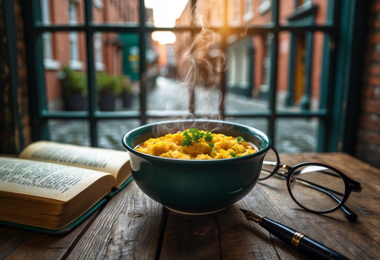 A bowl of Dublin coddle on a wooden table with an open vintage book, a fountain pen, and reading glasses, with a historic Dublin street visible through a window in the background.