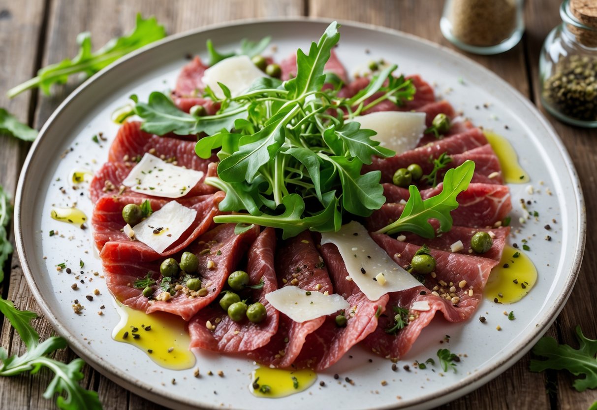 A plate of thinly sliced spiced beef carpaccio garnished with arugula, capers, and Parmesan cheese on a wooden table with a spice jar and cork nearby.