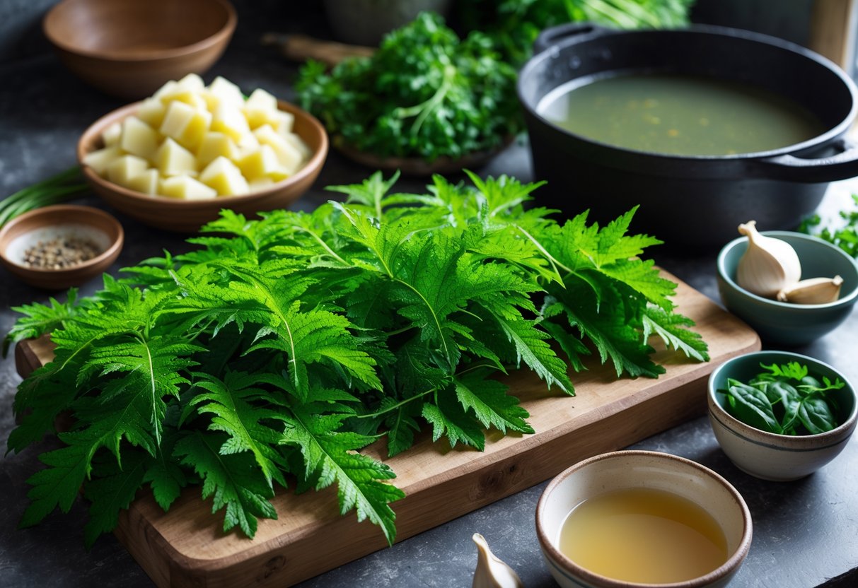 Fresh nettle leaves and other vegetables arranged on a kitchen countertop with cooking utensils nearby.